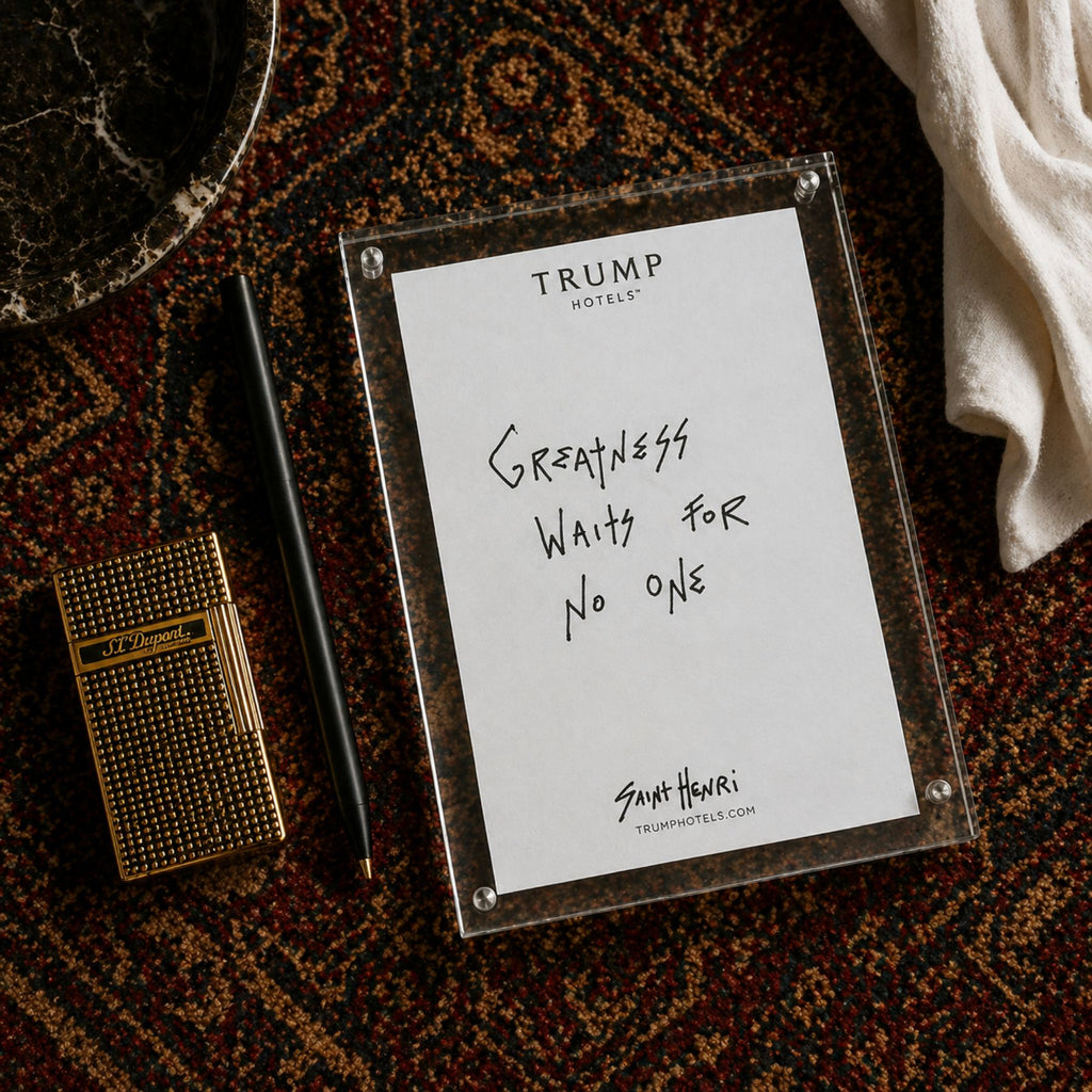 Original handwritten artwork on authentic Trump Hotel stationery from 2017–2026. “Greatness” 1-of-1 original. $350. House of Saint Henri
