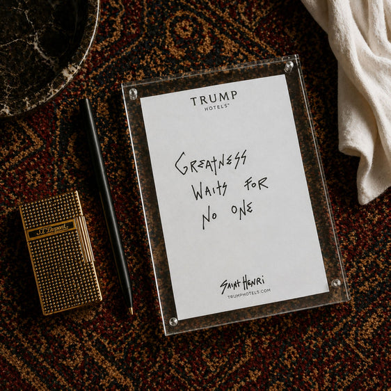 Original handwritten artwork on authentic Trump Hotel stationery from 2017–2026. “Greatness” 1-of-1 original. $350. House of Saint Henri