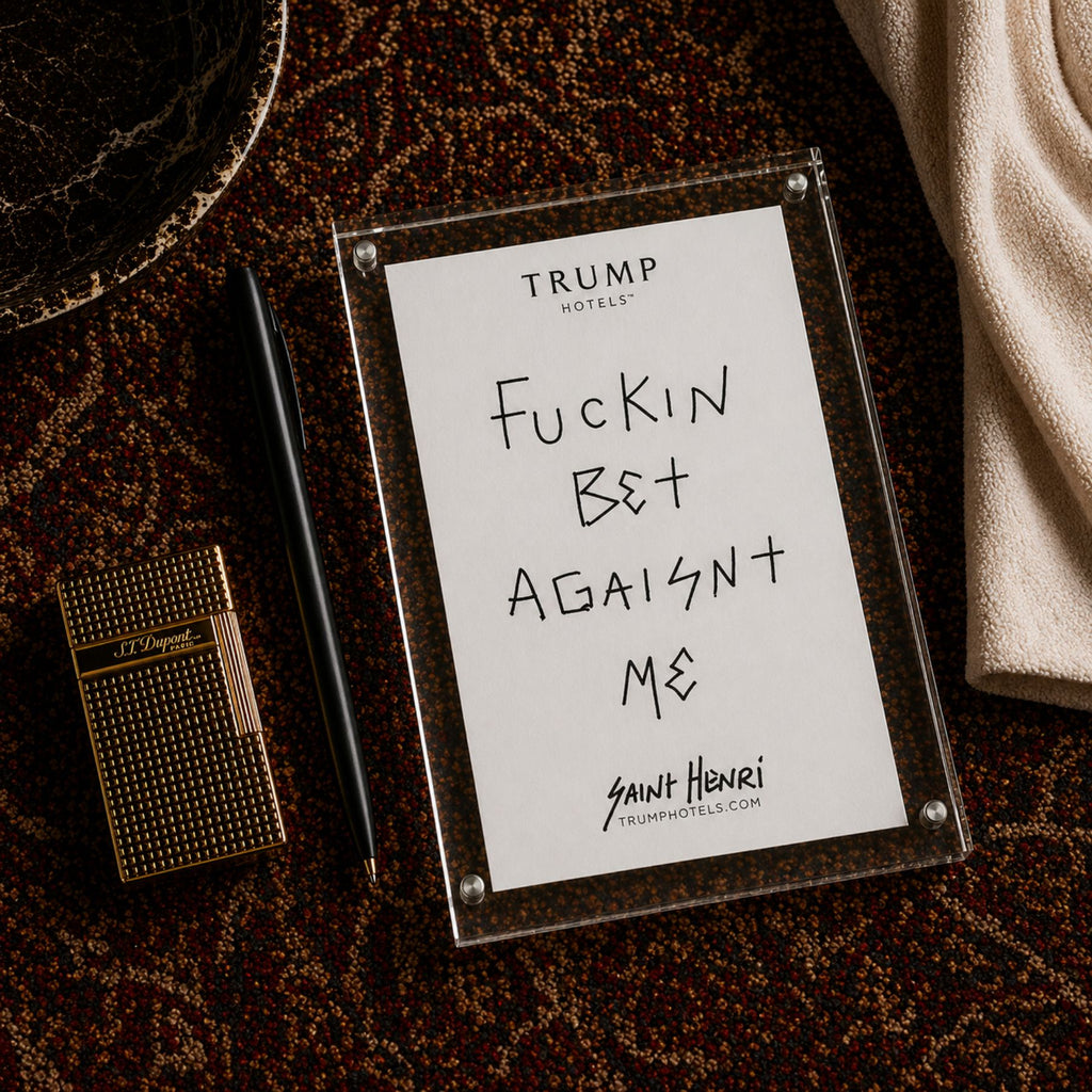 Original handwritten artwork on authentic Trump Hotel stationery from 2017–2026. “bet” 1-of-1 original. $350. House of Saint Henri