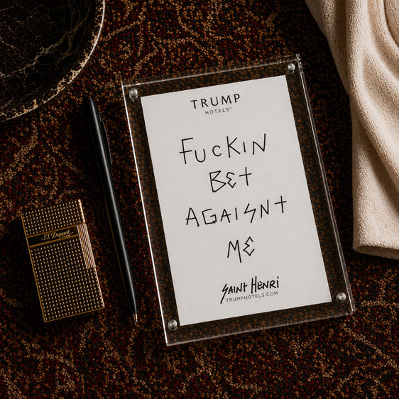 Original handwritten artwork on authentic Trump Hotel stationery from 2017–2026. “bet” 1-of-1 original. $350. House of Saint Henri