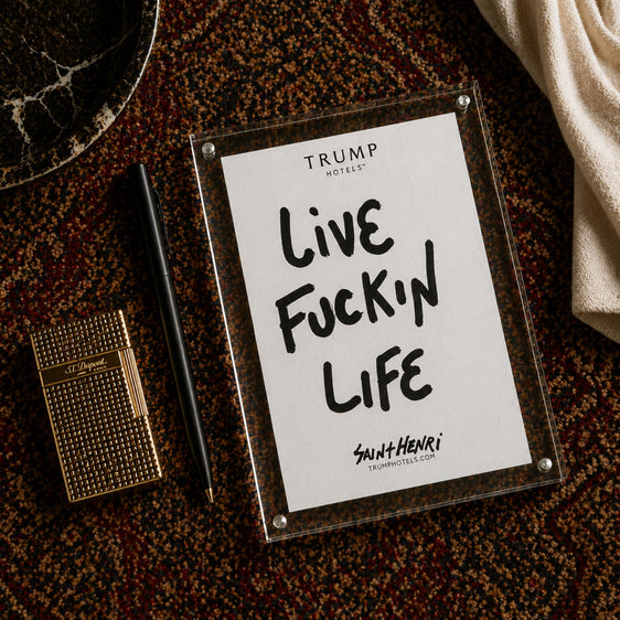 Original handwritten artwork on authentic Trump Hotel stationery from 2017–2026. “Live” 1-of-1 original. $350. House of Saint Henri