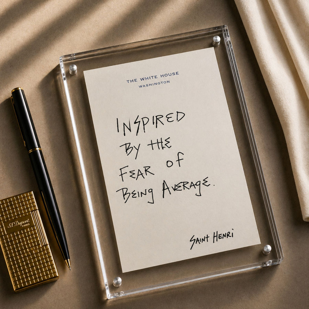 Original handwritten artwork on authentic 1980s White House notepad stock. "inspired by the fear of being average" 1-of-1 original. $350. House of Saint Henri.
