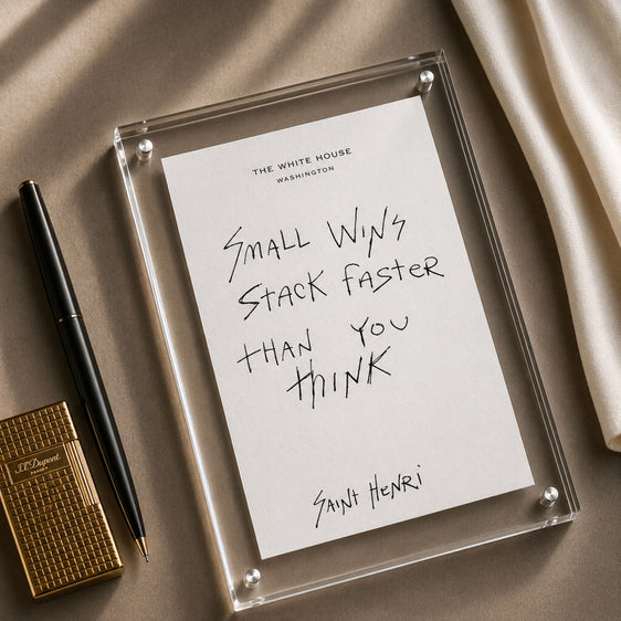 Original handwritten artwork on authentic 1980s White House notepad stock. "small wins stack faster than you think" 1-of-1 original. $350. House of Saint Henri.