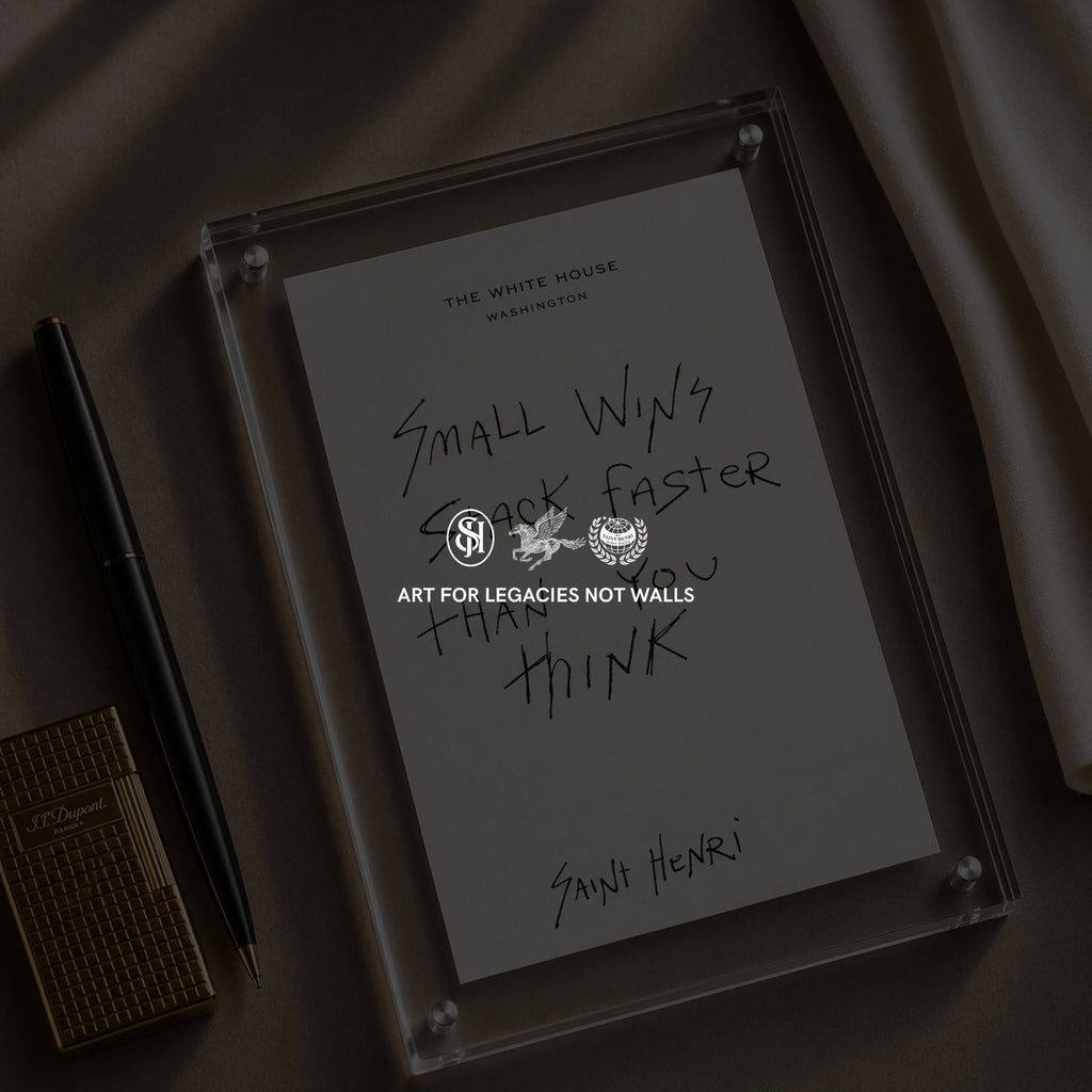 Original handwritten artwork on authentic 1980s White House notepad stock. "small wins stack faster than you think" 1-of-1 original. $350. House of Saint Henri.