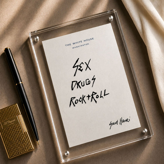 Original handwritten artwork on authentic 1980s White House notepad stock. "sex drugs rock+roll" 1-of-1 original. $350. House of Saint Henri.