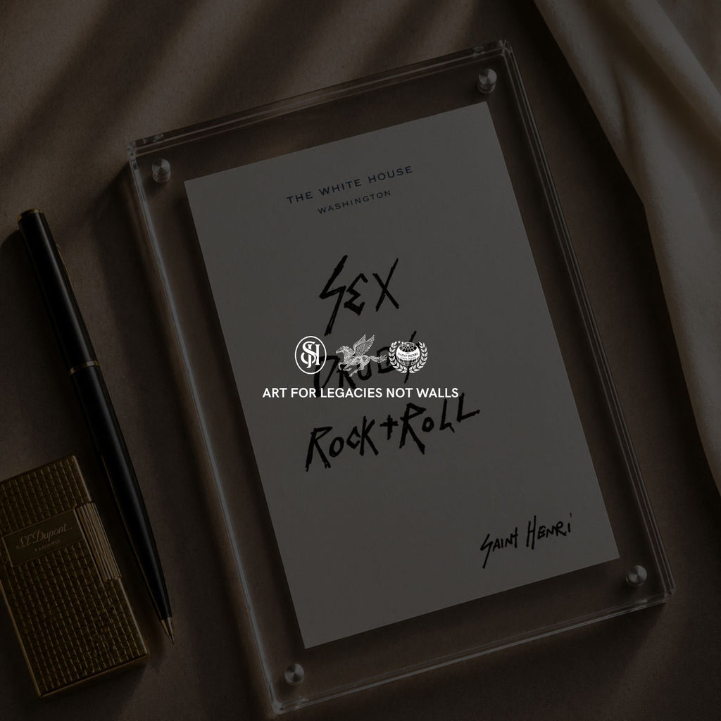Original handwritten artwork on authentic 1980s White House notepad stock. "sex drugs rock+roll" 1-of-1 original. $350. House of Saint Henri.