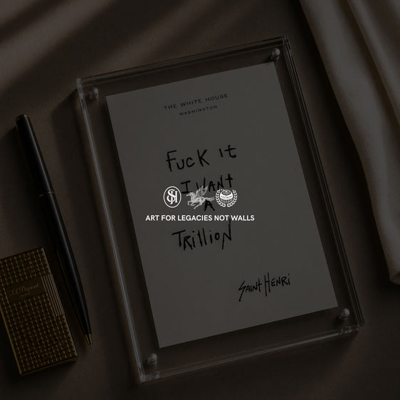 Original handwritten artwork on authentic 1980s White House notepad stock. "fuck it  i want a trillion" 1-of-1 original. $350. House of Saint Henri.