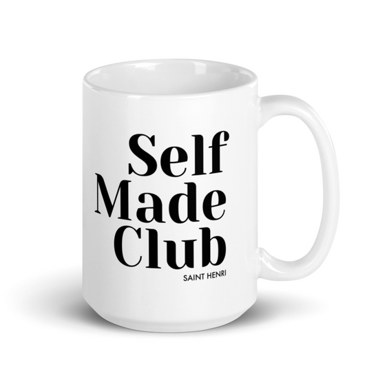 Luxury coffee mug from House of Saint Henri with the 'Selfmade Club' design, showcasing elegant craftsmanship and a symbol of ambition. Perfect for coffee lovers and high achievers.